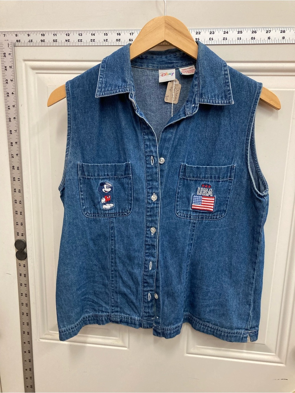 Disney Blue Denim Sleeveless Button-Up Top with Mickey & USA Patch